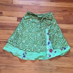 Green Boho Fairycore Double Sided Mini Wrap Skirt Floral Size Small Tie Waist
